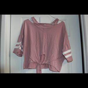 Plush pink crop top shirt with tie and stripes